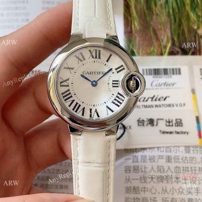 Ballon Bleu Cartier TWF Swiss Quartz 33mm Replica Watch White Leather Strap